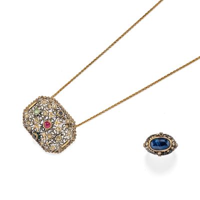 Collana e anello in oro giallo 18k e argento con pietre preziose