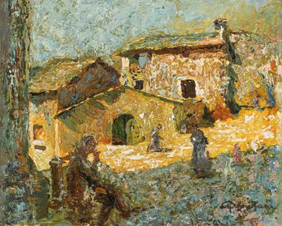 Case al sole, olio su cartone