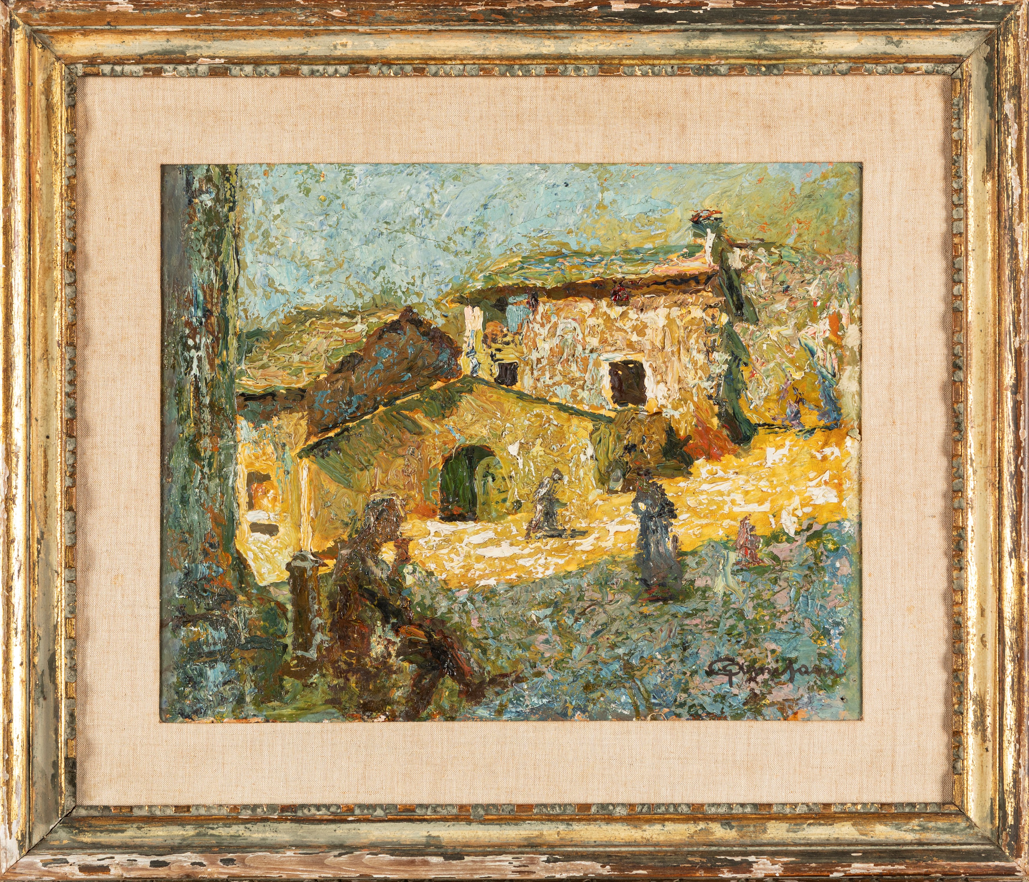 Giuseppe Amisani - Case al sole, olio su cartone