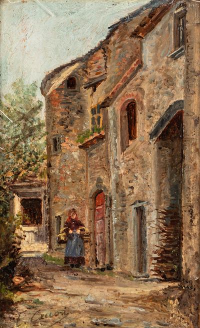 Borgo toscano, olio su tavola