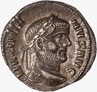 Massimiano Ercole, Moneta argentea con effigie e rappresentazione dei Tetrarchi, 294 d.C.