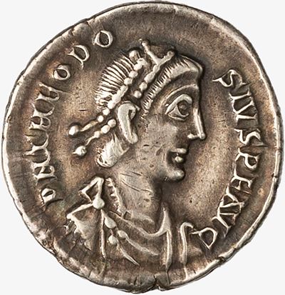 TEODOSIO I, Siliqua con personificazione di Roma, 379-383 d.C.