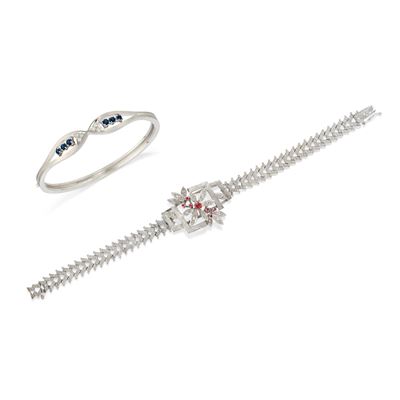 Due bracciali in oro bianco 18k con zaffiri, diamanti e rubini