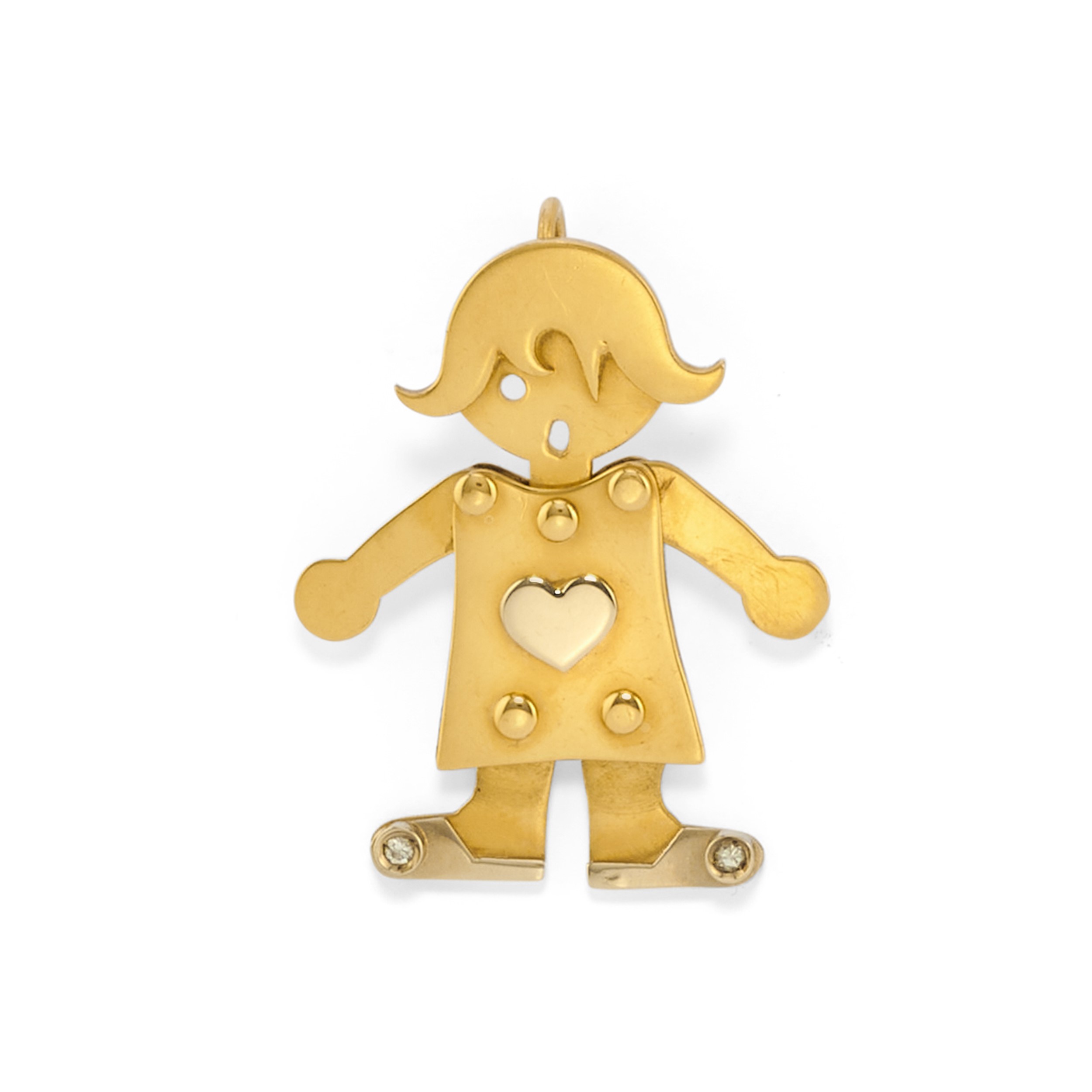 Cinque pendenti, oro giallo 18k, smalto policromo con diamanti e ceramica