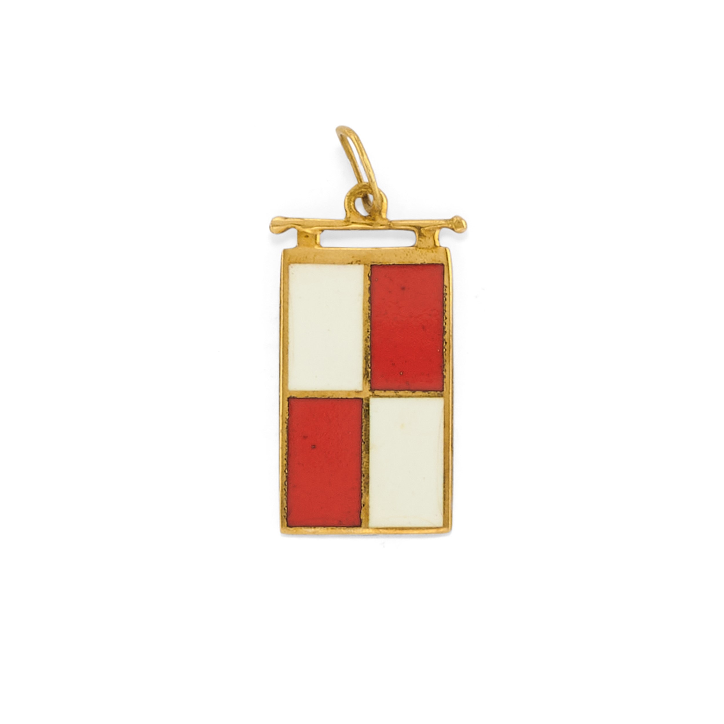 Cinque pendenti, oro giallo 18k, smalto policromo con diamanti e ceramica