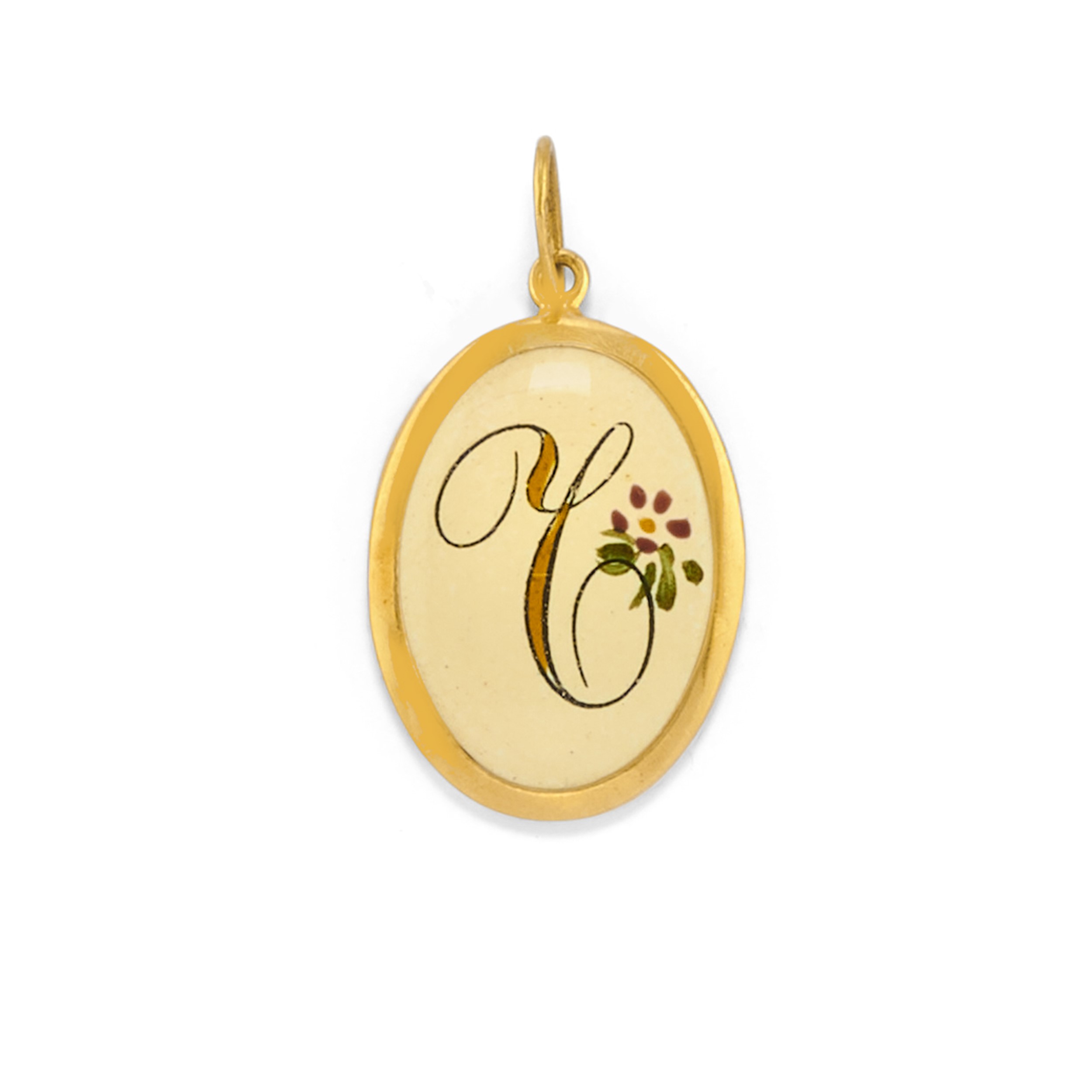 Cinque pendenti, oro giallo 18k, smalto policromo con diamanti e ceramica