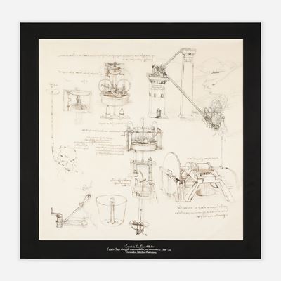 Leonardo da Vinci, Foulard esemplare unico f. 1069 r: Pompe idrauliche e apparecchiatura per imme...