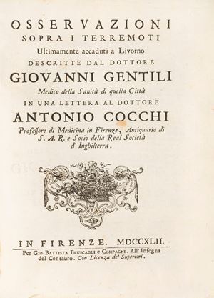 Observations on the earthquakes that recently occurred in Livorno described by doctor G. G., that city's health doctor, in a letter to doctor Antonio Cocchi.