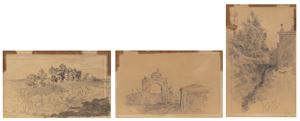 Lot of three drawings depicting landscapes