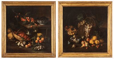 Autore sconosciuto, Coppia di nature morte en plein air, olio su tela