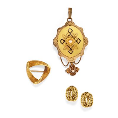 Spilla pendente e coppia di orecchini in oro giallo 18k con micro-perle e smalto nero