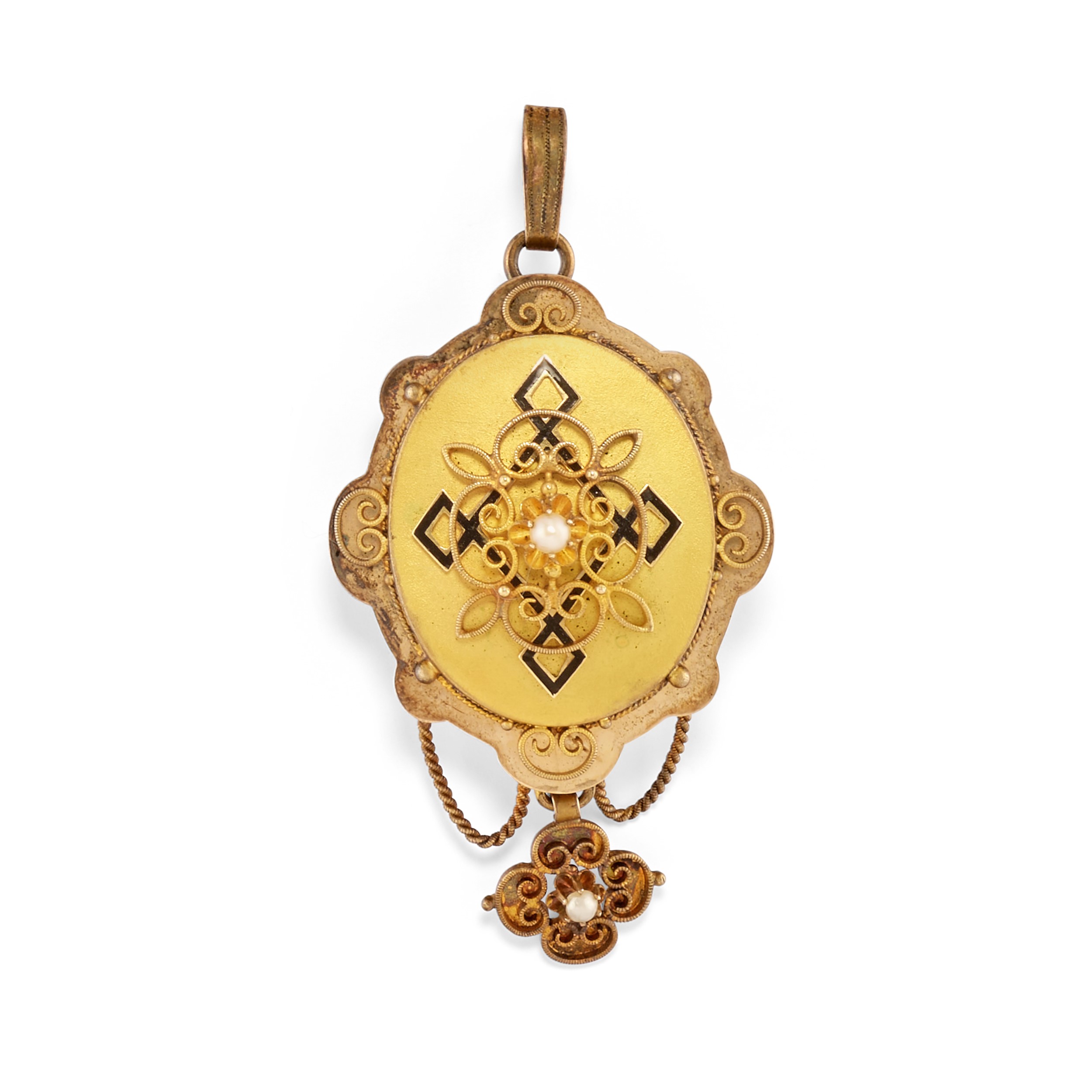 Spilla pendente e coppia di orecchini in oro giallo 18k con micro-perle e smalto nero