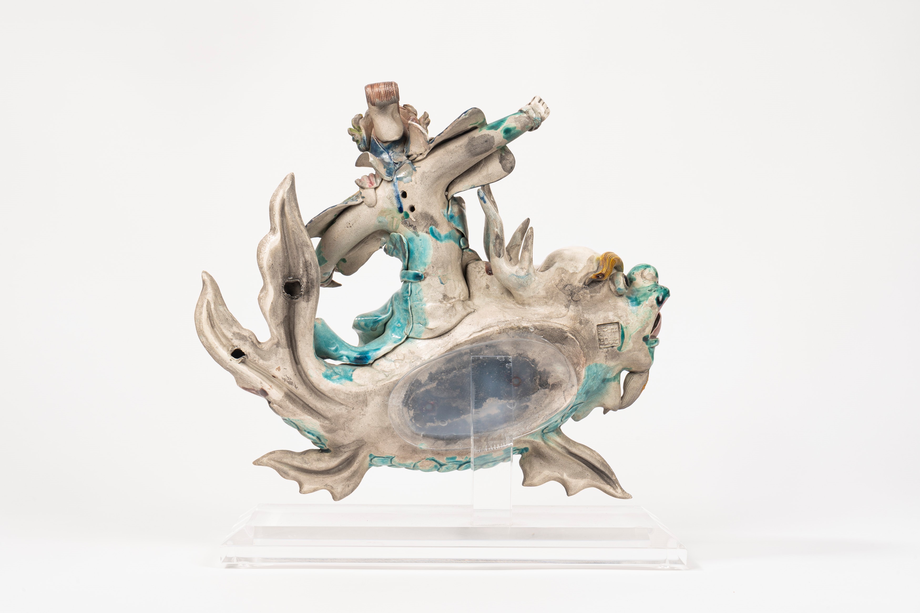 Antica Scultura Cinese in Ceramica Policroma Raffigurante Animale Fantastico con Cavaliere