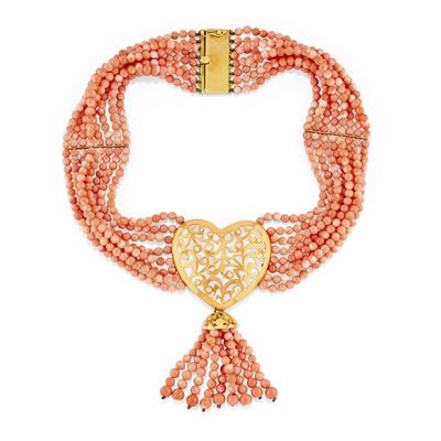 Collana in oro giallo 18k con corallo arancione e diamanti
