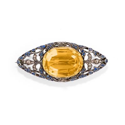 Spilla in argento con quarzo giallo, zaffiri e diamanti