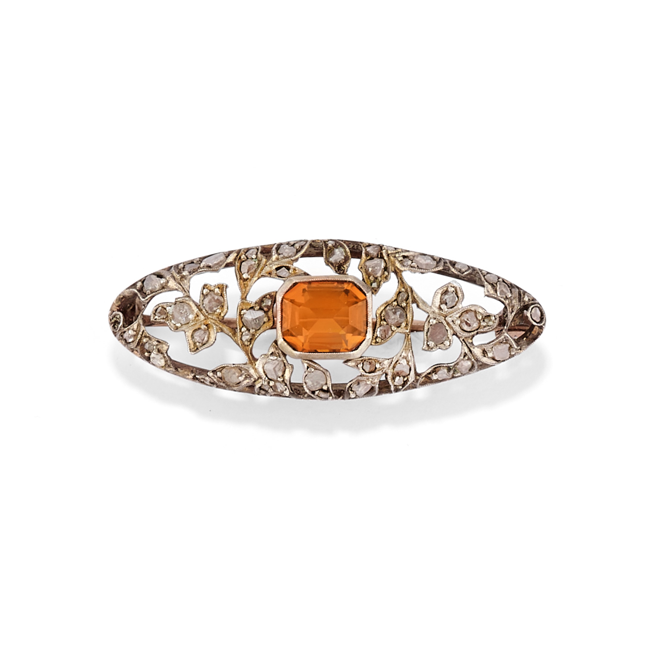 Due spille decorative in argento e oro bassa caratura con diamanti e quarzo arancione