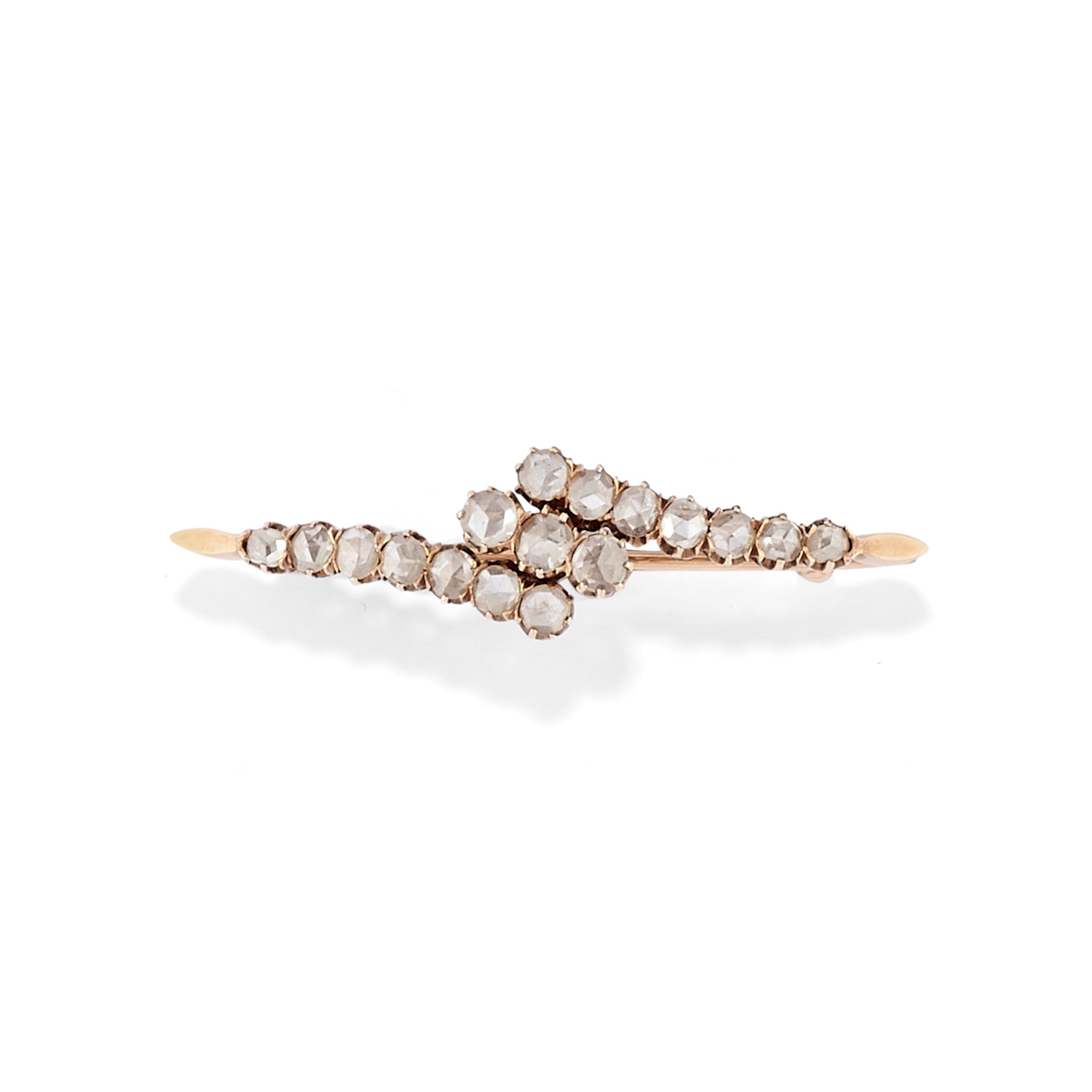 Due spille decorative in argento e oro bassa caratura con diamanti e quarzo arancione