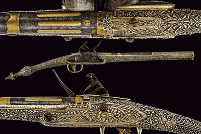 Notevole Pistola a Pietra Focaia in Stile Roka in Argento