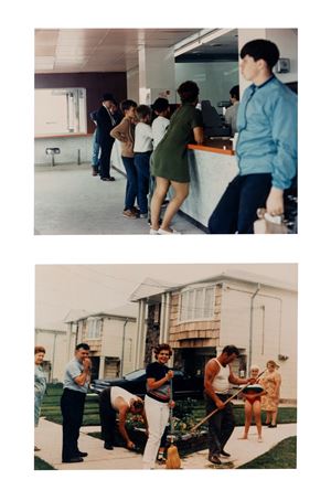 People in a highway restaurant, Jersey City; Two families in front of a housing development, Staten Island, New York