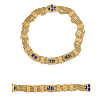 Demi parure in argento dorato con smalto verde e blu