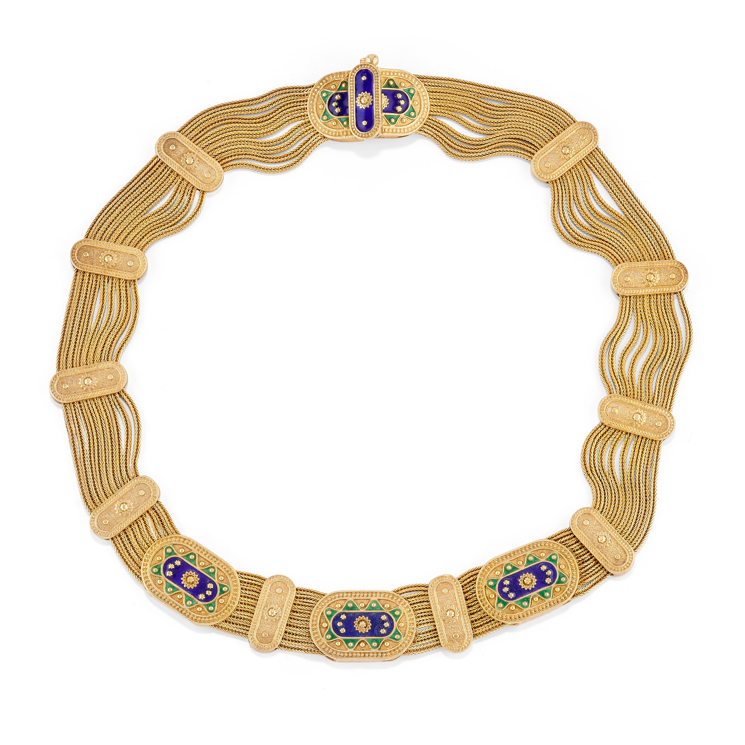 Demi parure in argento dorato con smalto verde e blu