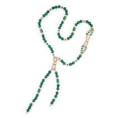 Collana in oro bicolore 18k con malachite, corallo rosa e diamanti