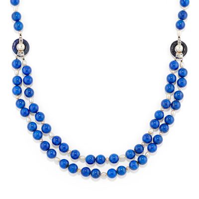 Collana in oro bianco 18k con lapislazzuli e perle coltivate