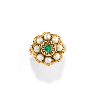 Anello con perle, in oro giallo 18k e argento con pietra verde