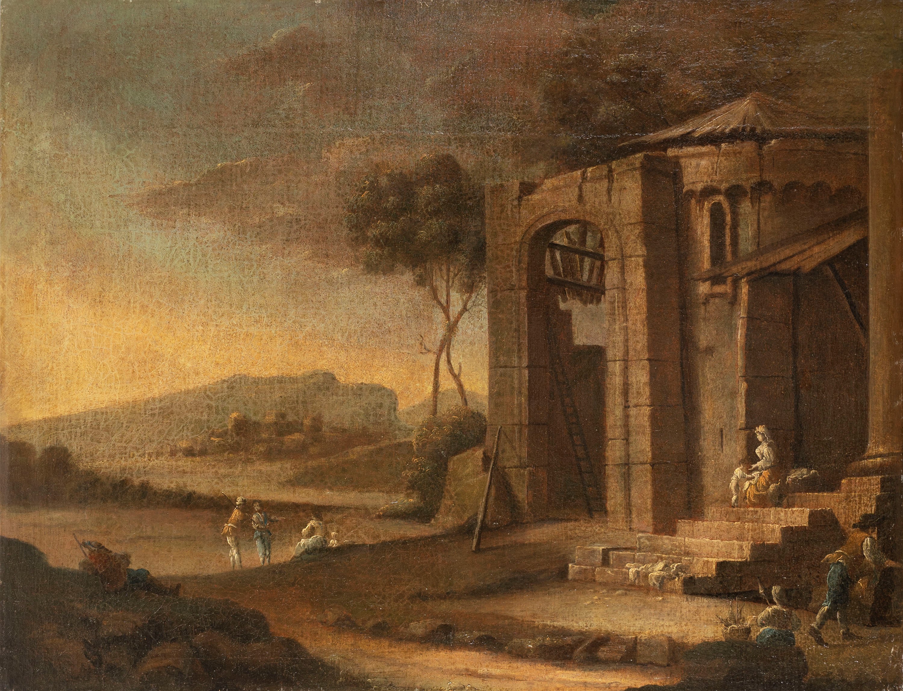 Scuola Italiana, Secolo XVIII - Due capricci architettonici con figure, olio su tela