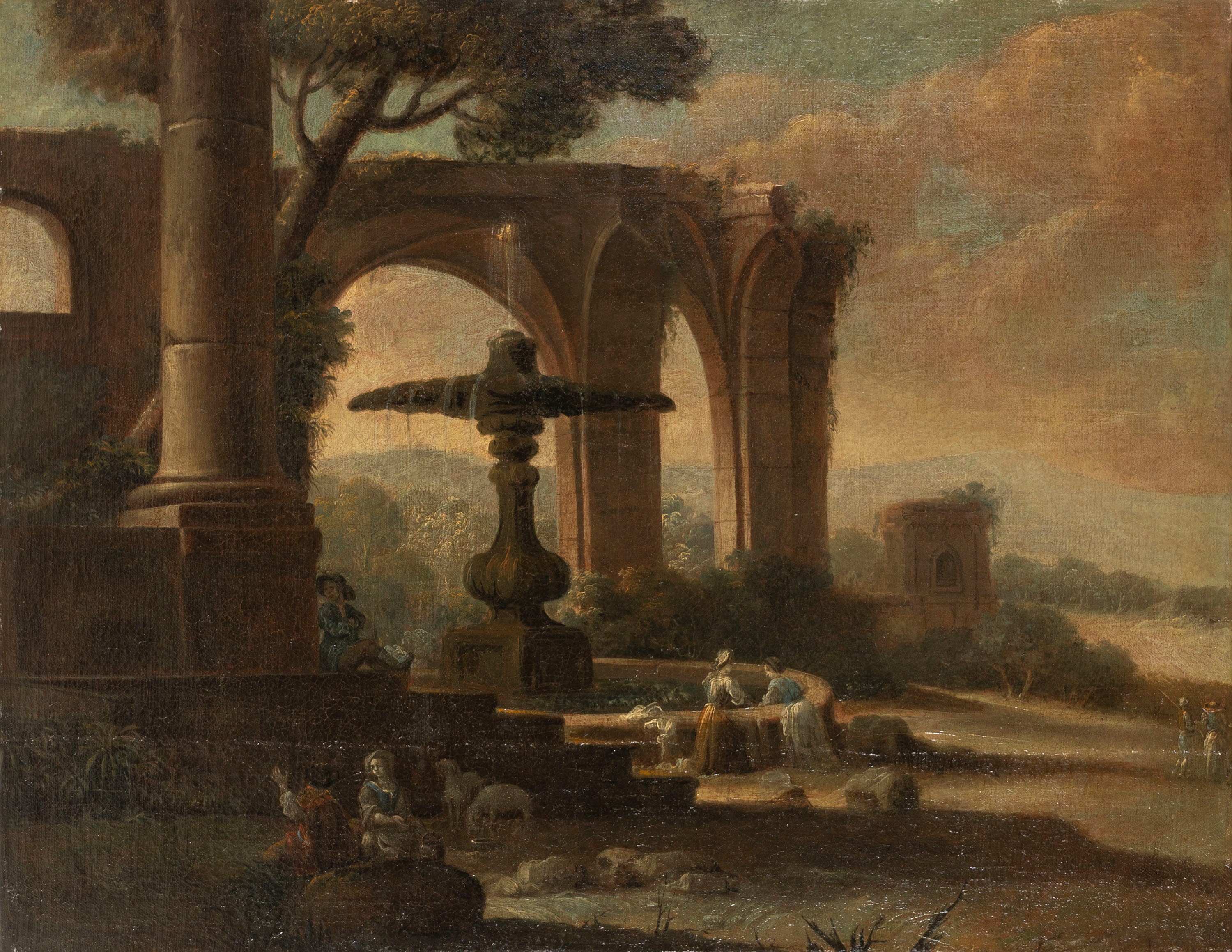 Scuola Italiana, Secolo XVIII - Due capricci architettonici con figure, olio su tela