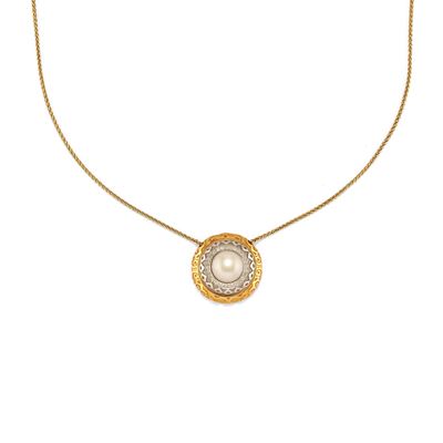 Pendente con perla coltivata mabè in oro bicolore 18k, diamanti