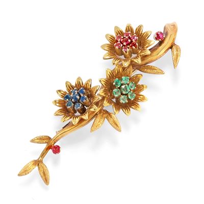 Spilla in oro giallo 18k con rubini, smeraldi e zaffiri
