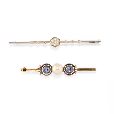 Due spille a barretta in oro bicolore 18k e argento