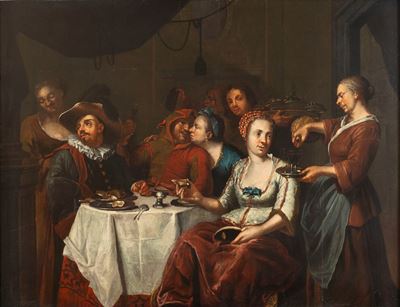 Autore sconosciuto, Scena d'interno con banchetto, olio su tavola