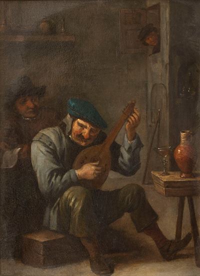 Scena d'interno con suonatore di liuto, olio su rame