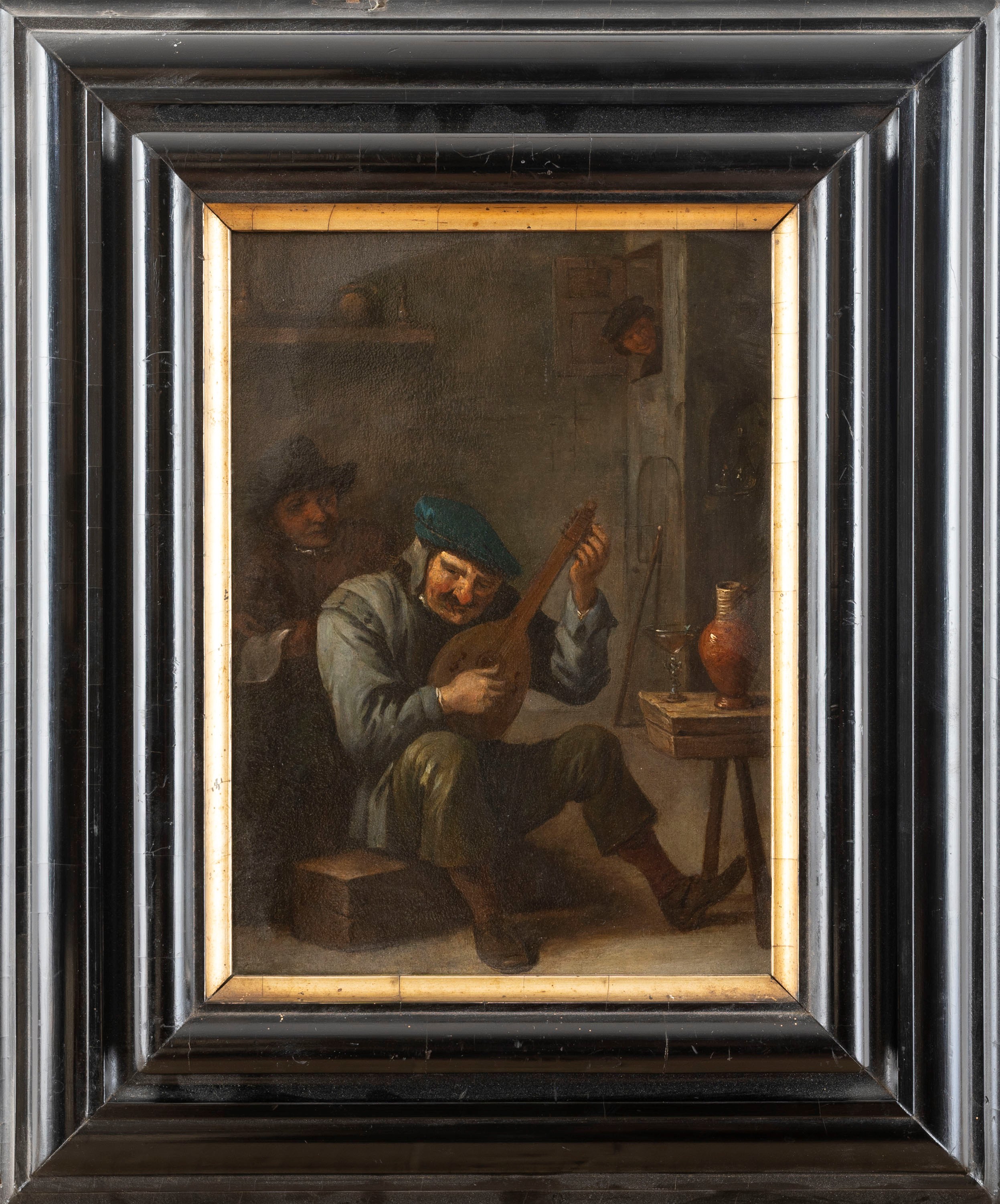 Seguace di Adriaen Van Ostade - Scena d'interno con suonatore di liuto, olio su rame