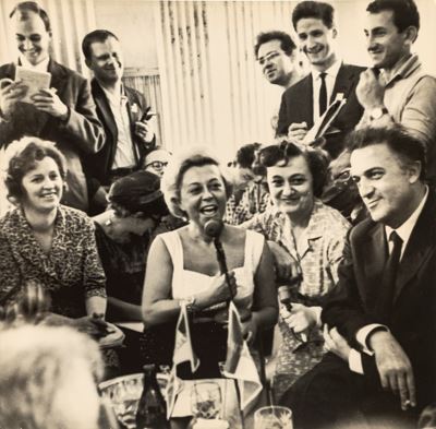 Julietta Masina And Federico Fellini At Press Conference in Moscow