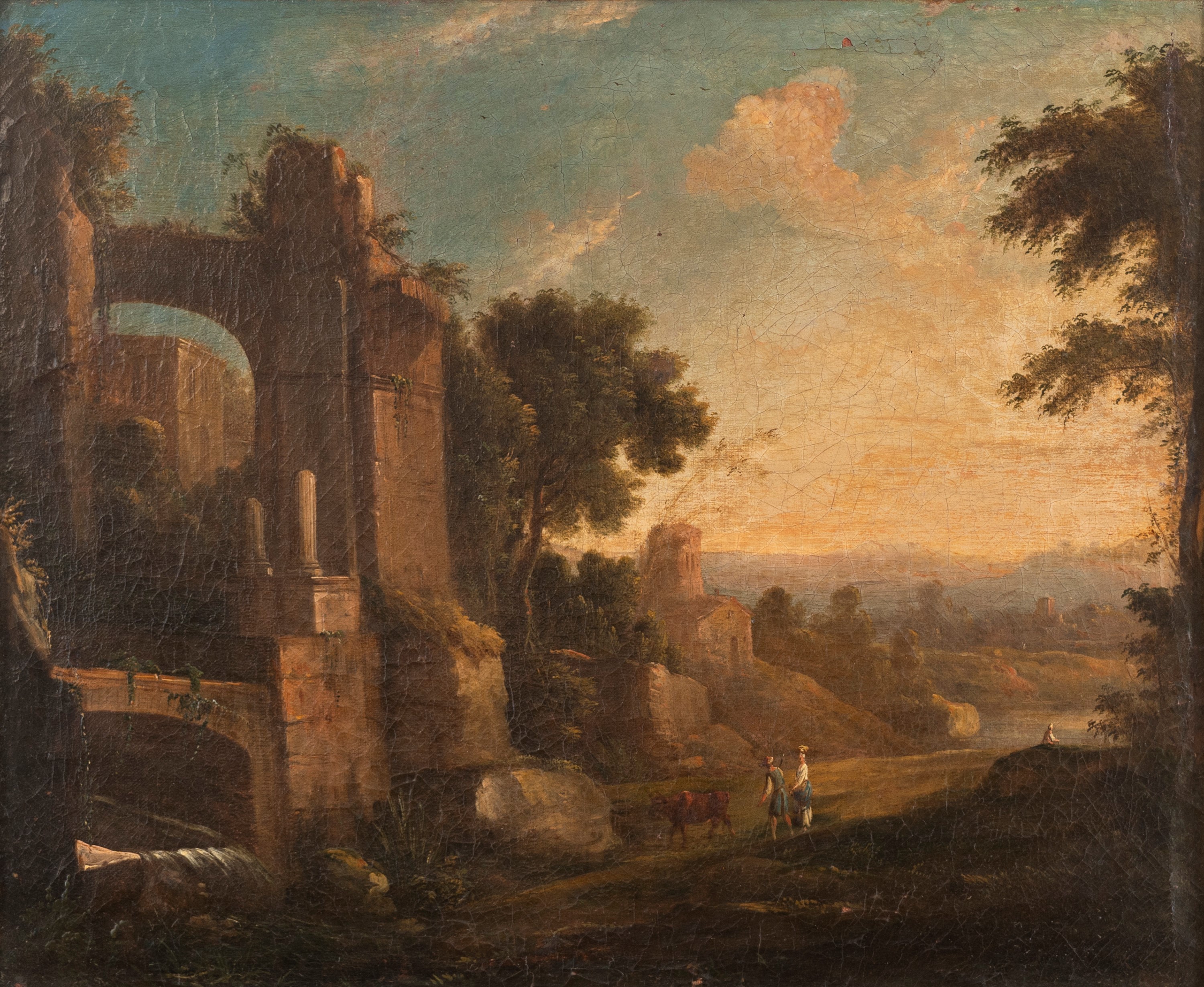 Paesaggi laziali con edifici classici in rovina e viandanti, en pendant