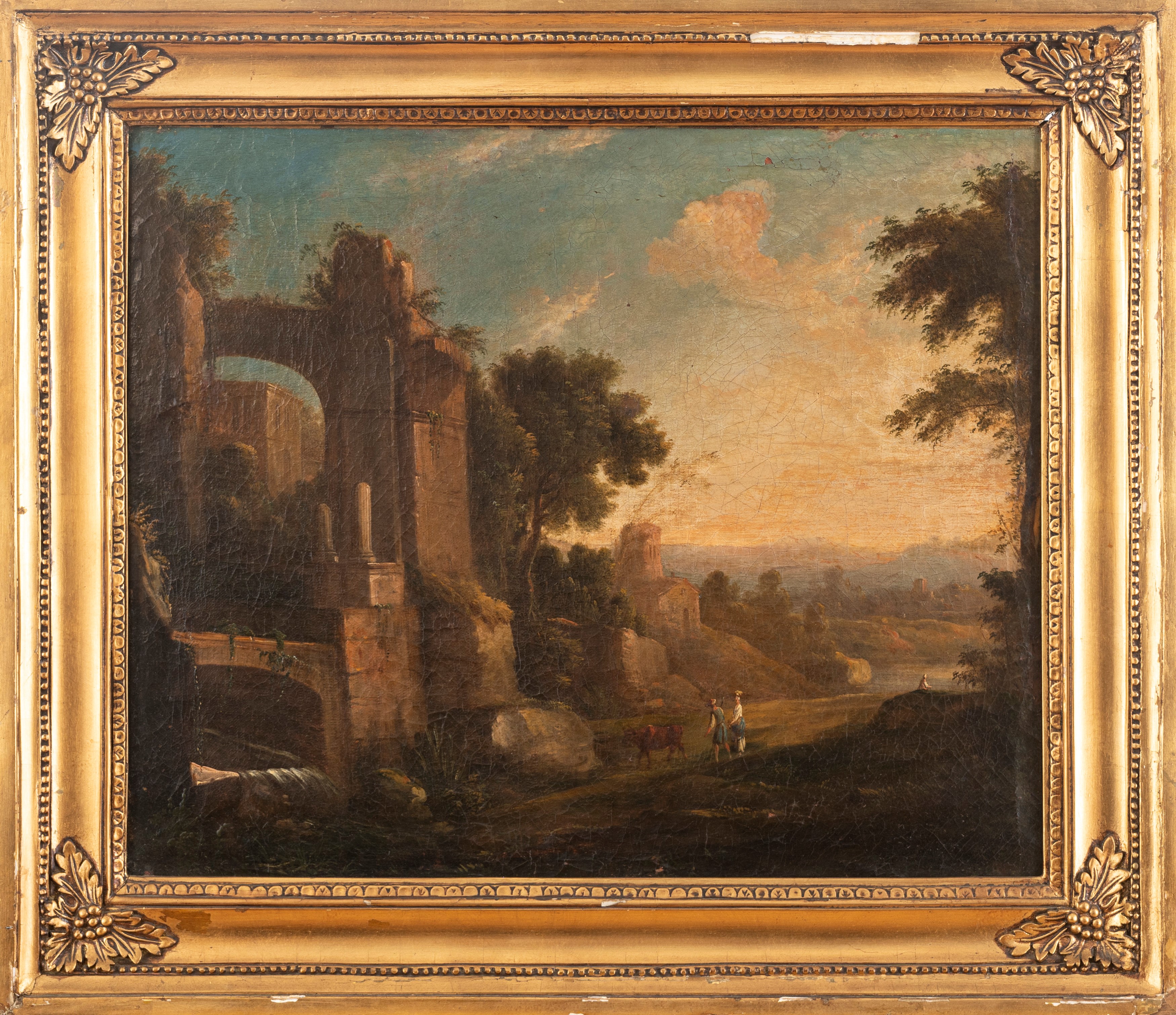 Paesaggi laziali con edifici classici in rovina e viandanti, en pendant