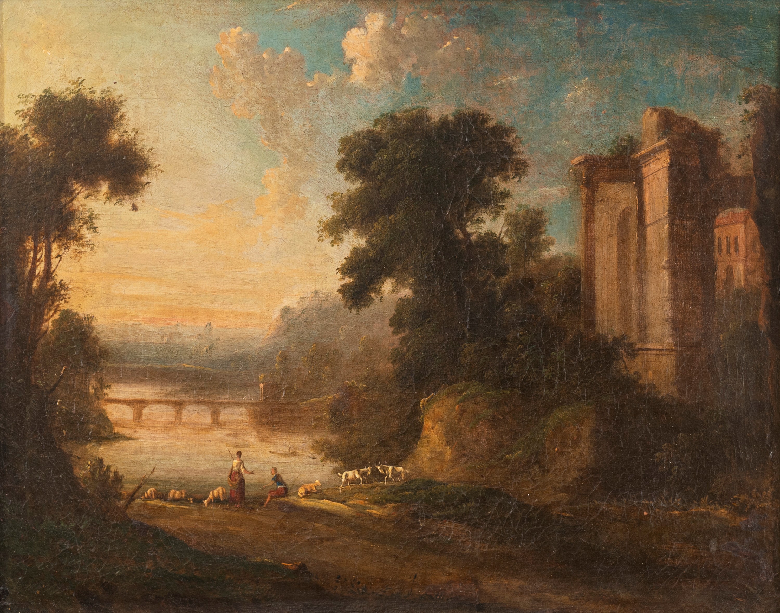 Paesaggi laziali con edifici classici in rovina e viandanti, en pendant