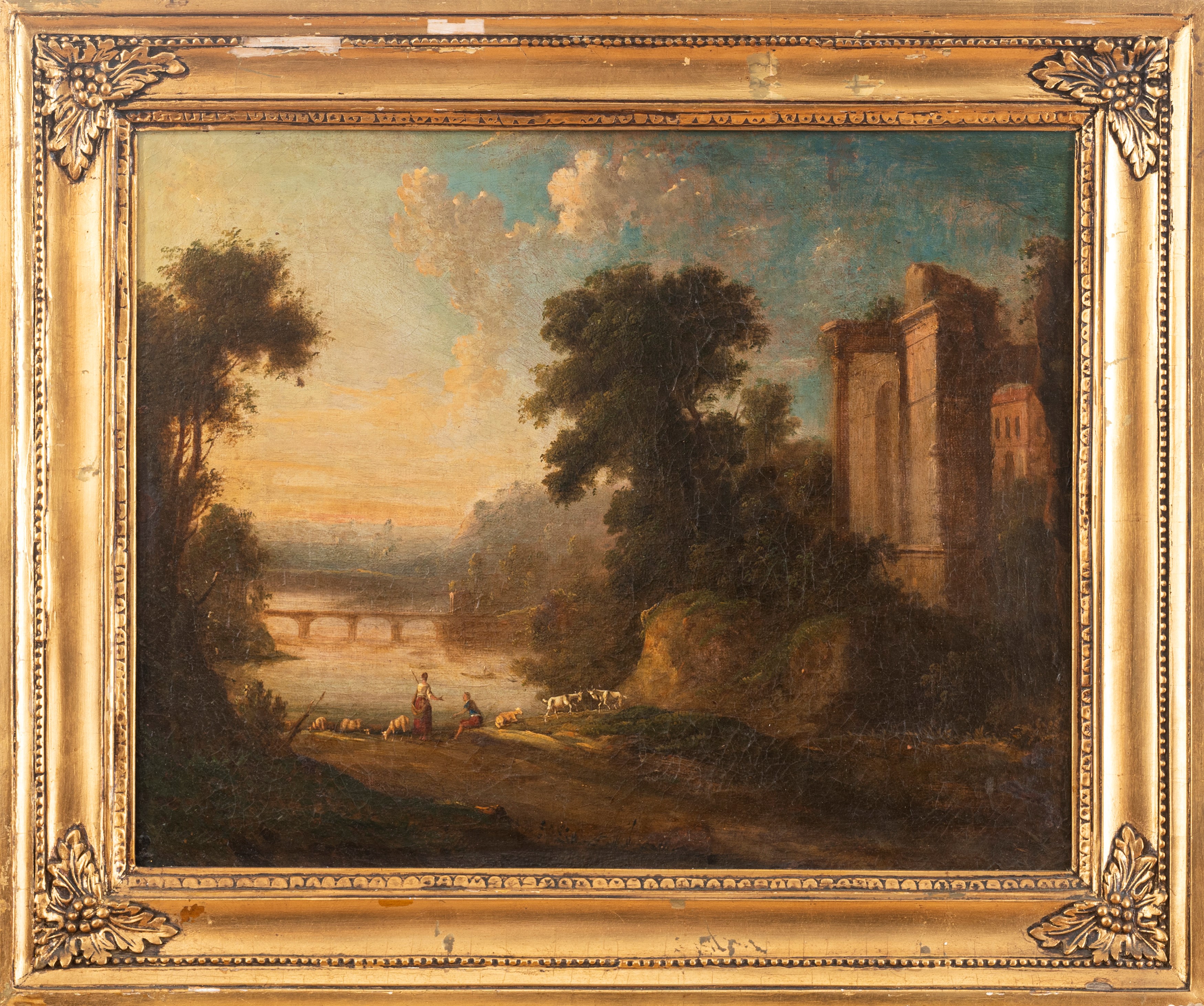 Paesaggi laziali con edifici classici in rovina e viandanti, en pendant