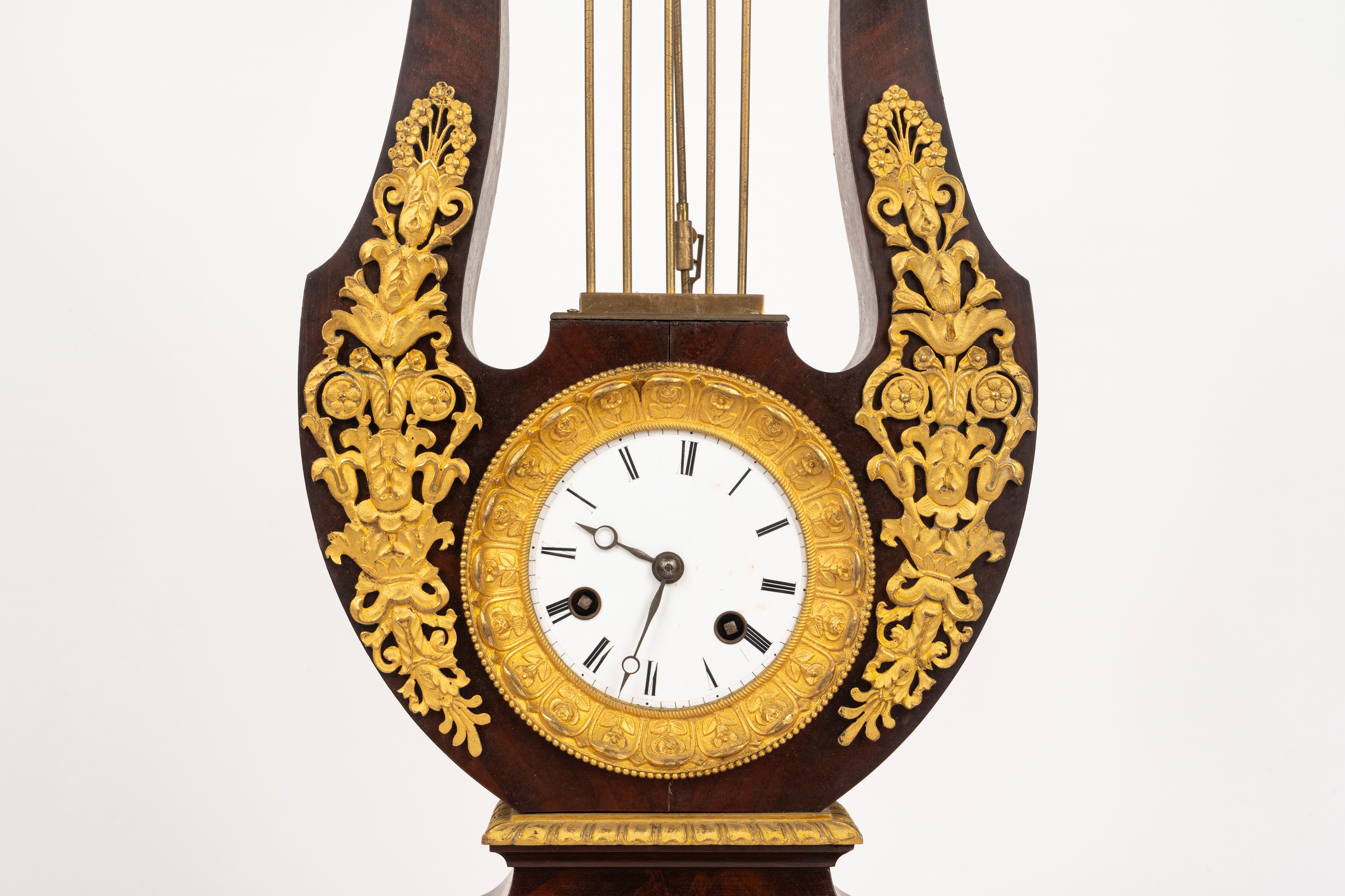 Orologio da Tavolo a Forma di Lira in Mogano e Bronzo Dorato, Secolo XIX