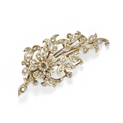 Spilla in argento e oro giallo 18k con diamanti taglio rosa
