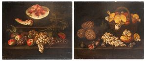 Apples, grapes and watermelon on a table; Mushrooms, grapes and figs