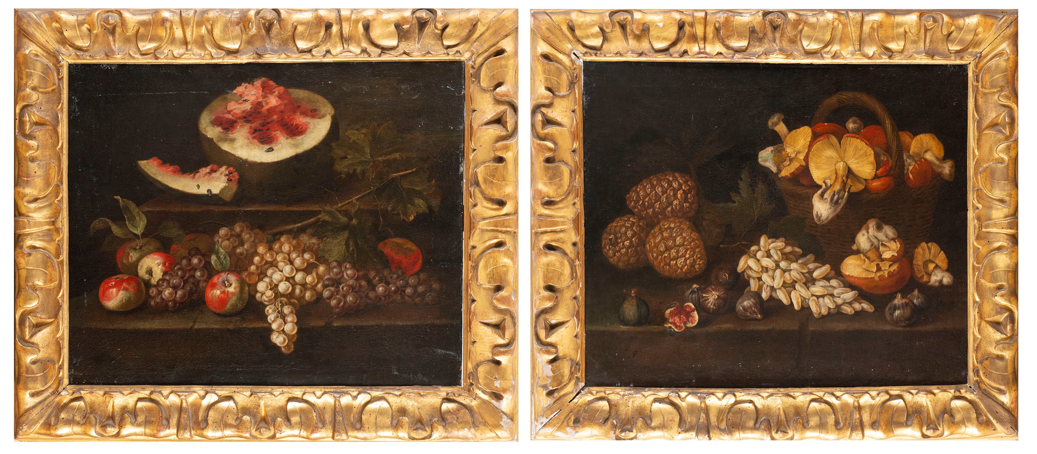 Mele, uva e anguria su un piano; Funghi, uva e fichi