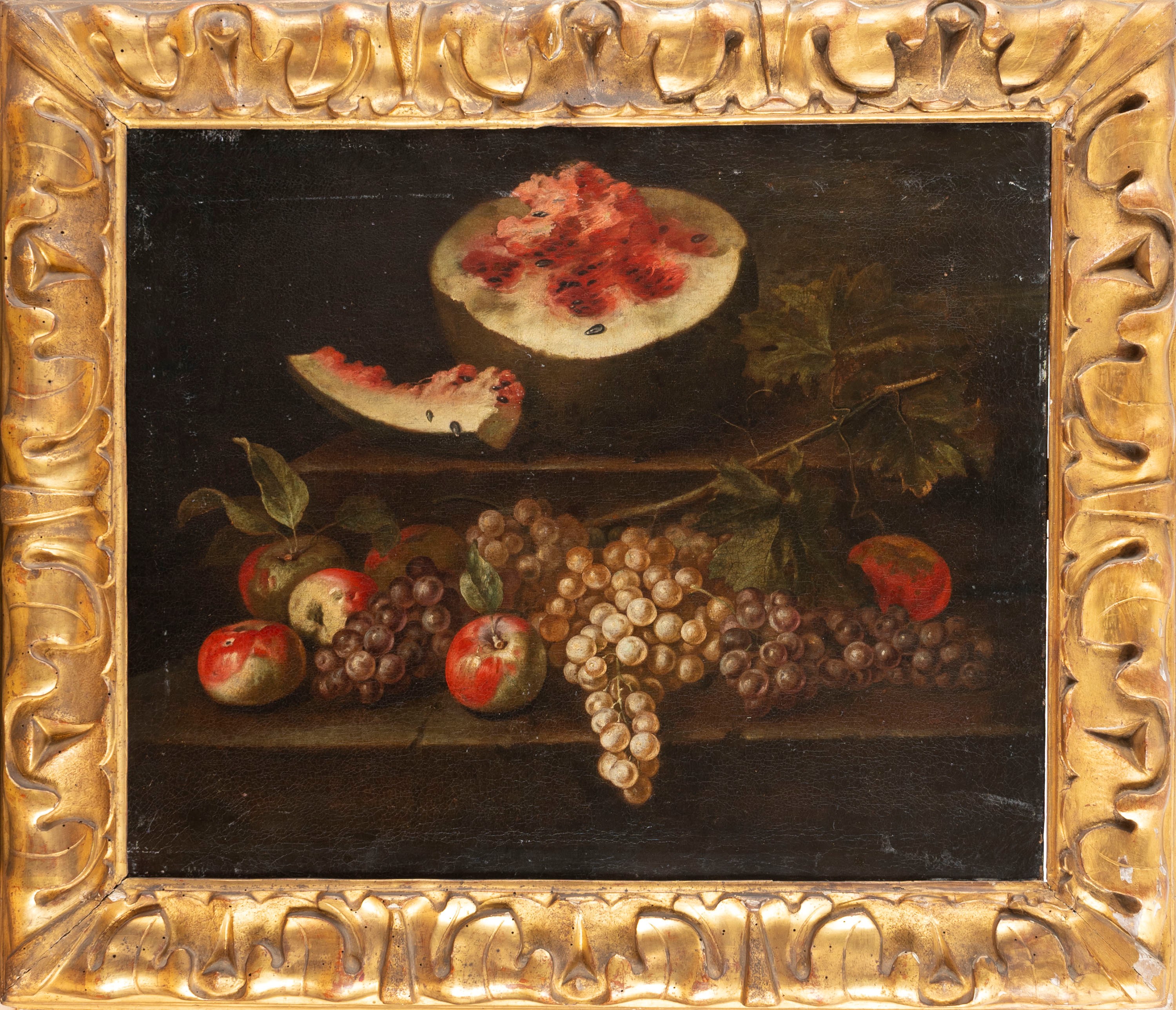 Mele, uva e anguria su un piano; Funghi, uva e fichi