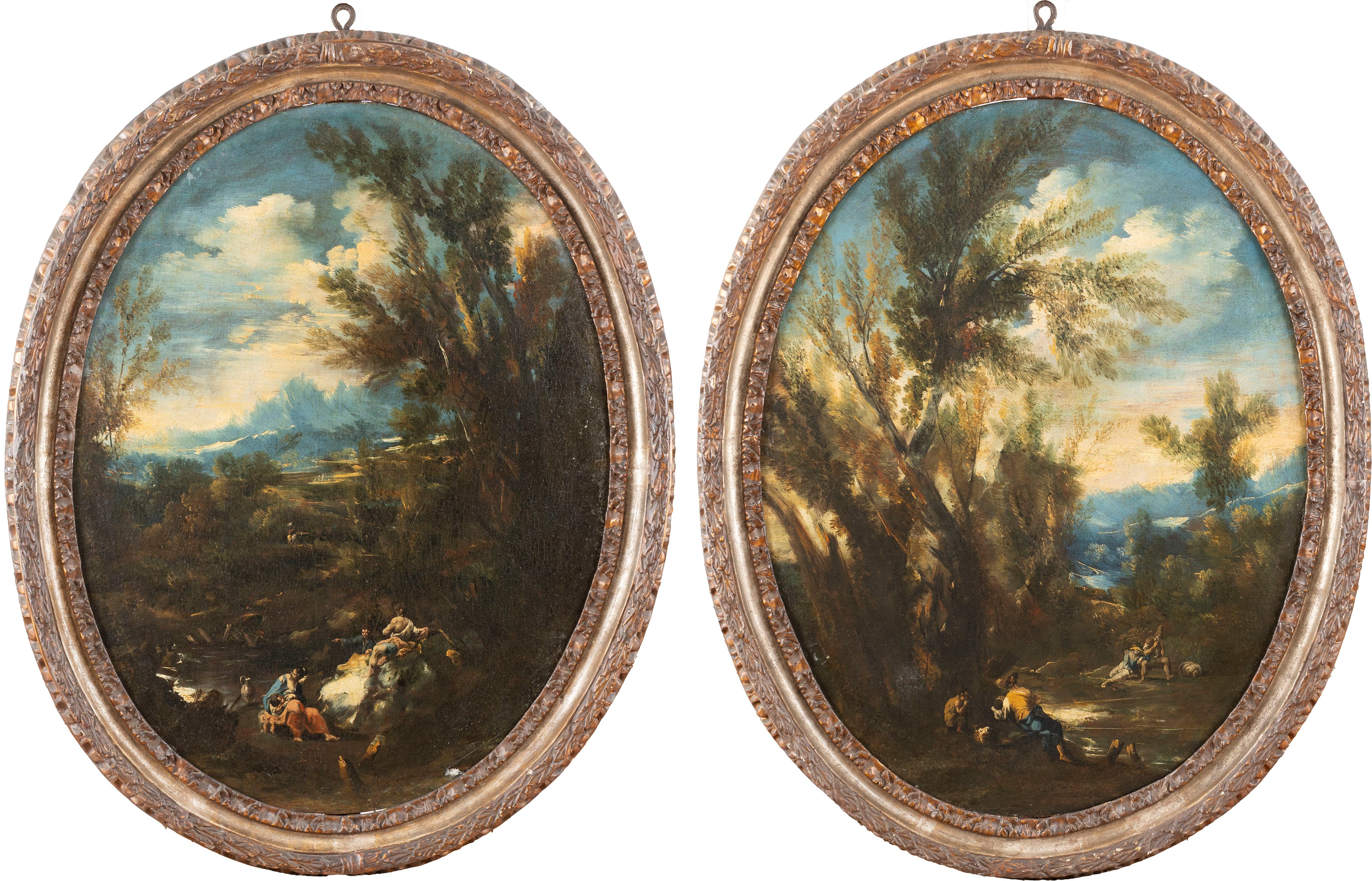 Due paesaggi boschivi con viandanti a riposo