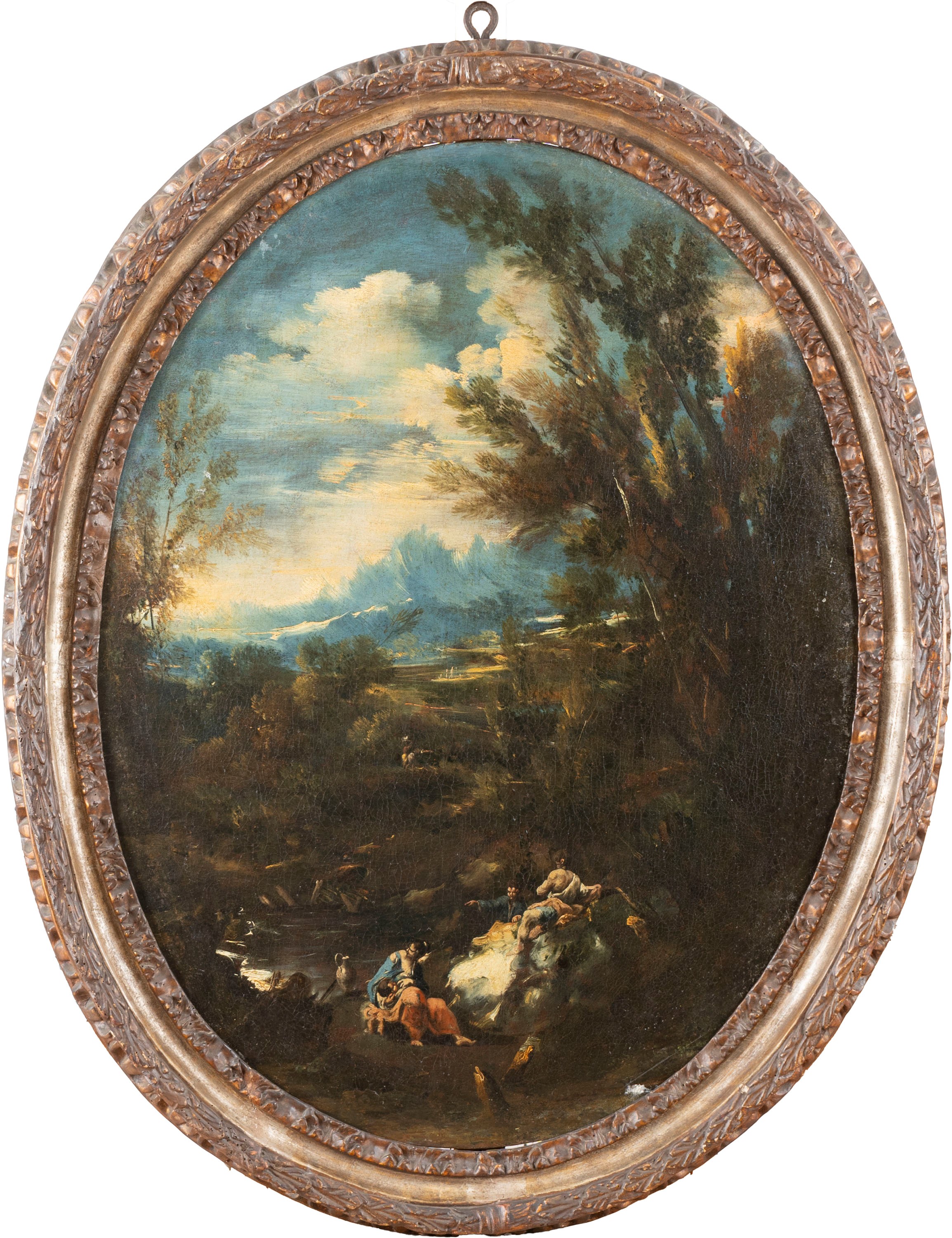 Due paesaggi boschivi con viandanti a riposo