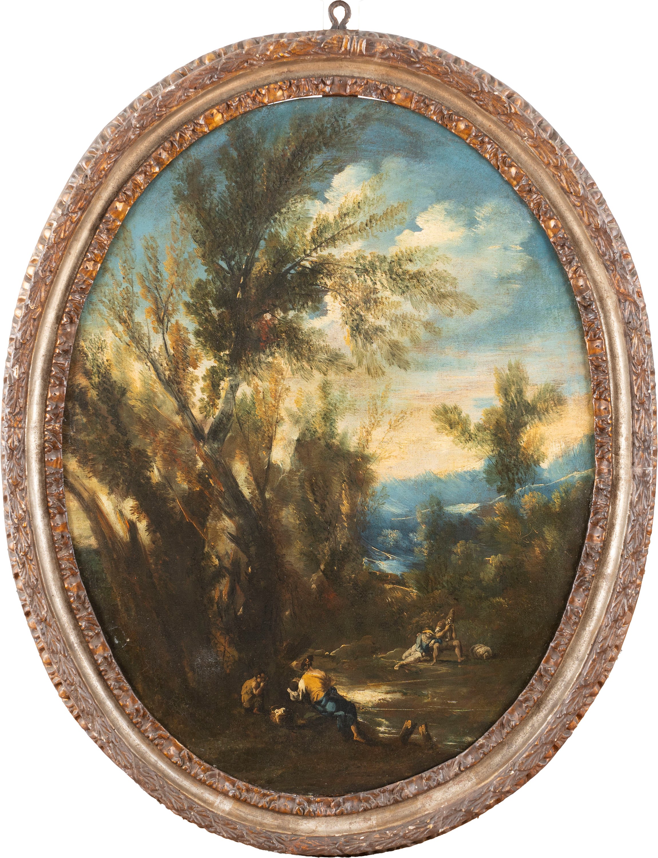 Due paesaggi boschivi con viandanti a riposo