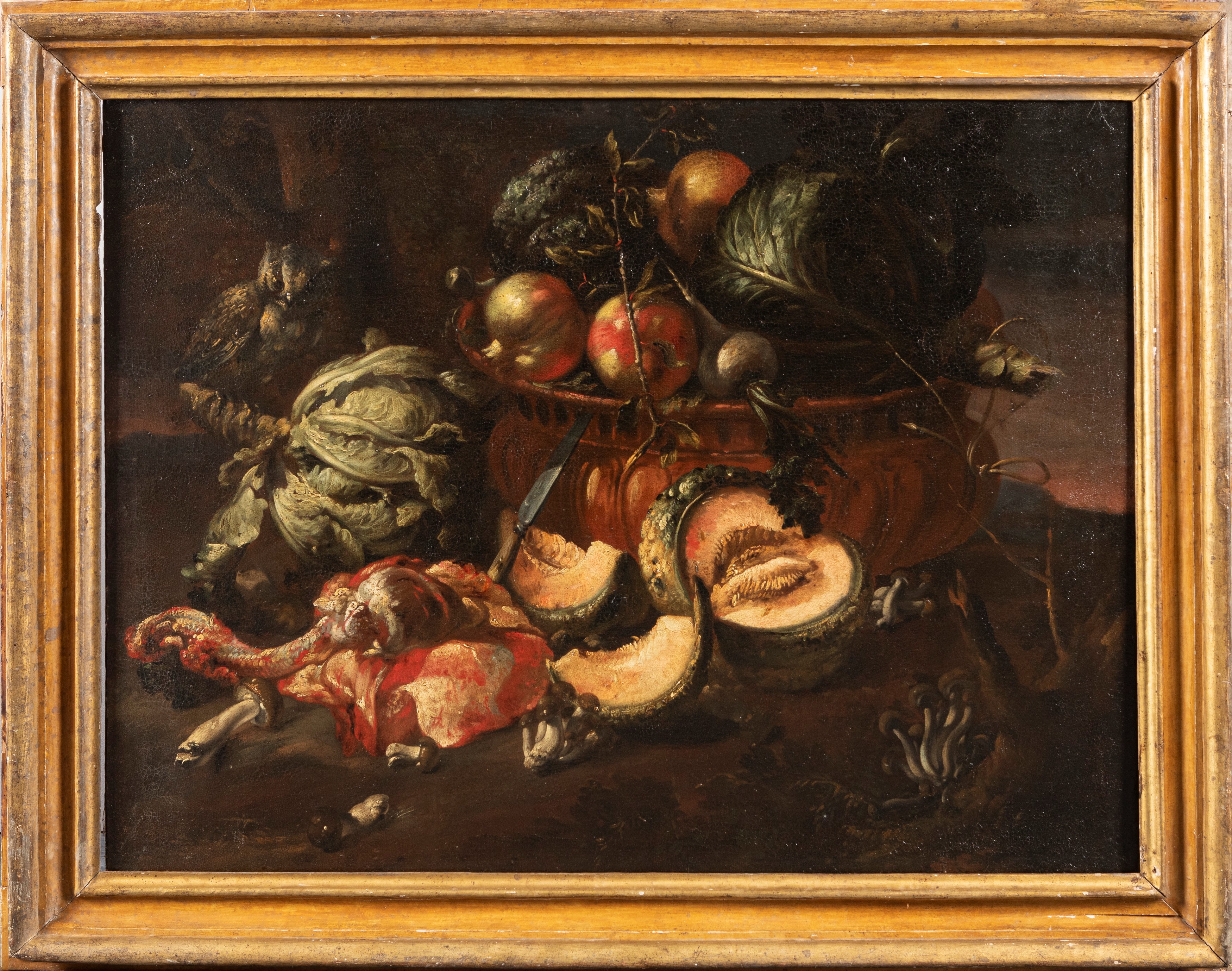 Felice Boselli - Frattaglie, verdure e frutti con civetta, olio su tela